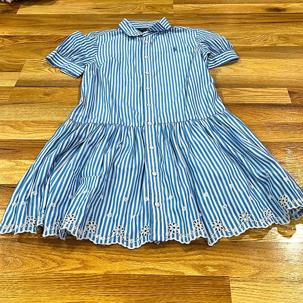 Girls' Blue Striped Button-Front Dress with Eyelet Hem